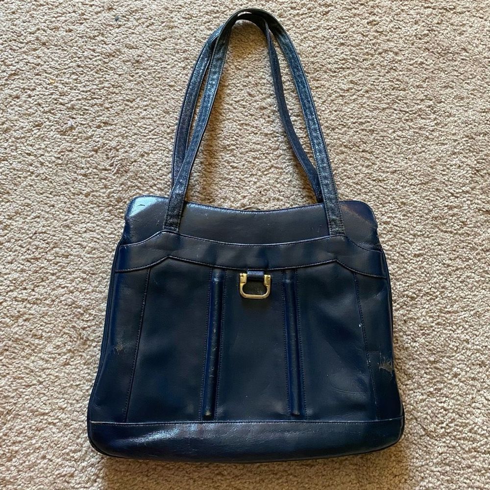 Vintage 1960's Lou Taylor Navy Leather Top Handle Handbag with Front Buckle